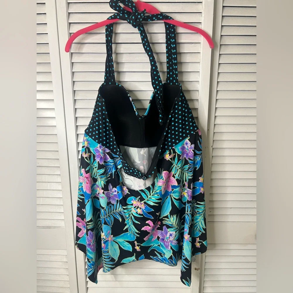 Swimsuit For All Halter Top‎ in Black with Teal Accents Size 20